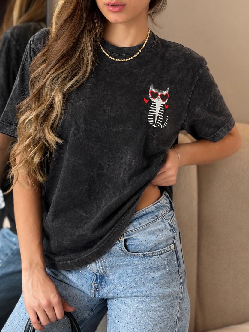 CAMISETA CAT LOVE   EFECTO WASHED