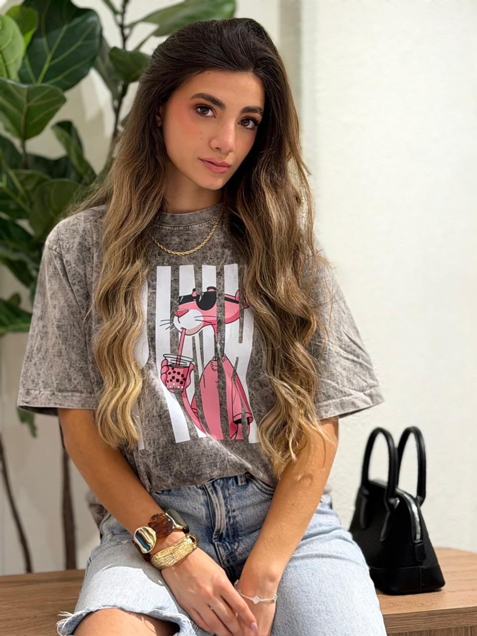 CAMISETA OVERSIZE EFECTO WASHED PINK PANTHER